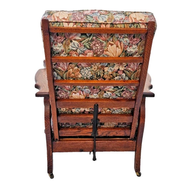 Antique Arts & Crafts Tiger Oak Morris Recliner Chair With Push Button Mechanism c.1900 For Sale - Image 11 of 18