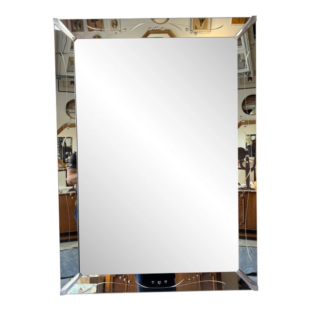 1960’s Hollywood Regency Venetian Etched Wall Mirror With Chrome Accents/ Sold For Sale