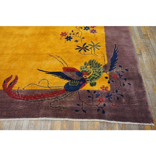 Art Deco Fabulous Yellow Background and Purple Mauve Color Border With Animalistic Design Antique Chinese Art Deco Rug For Sale - Image 3 of 7
