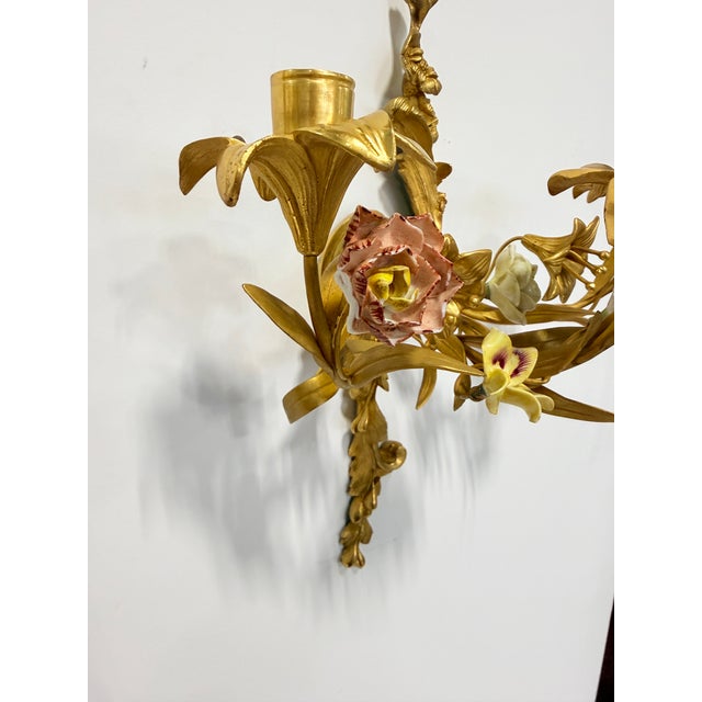 Bronze Pr, French Rococo Revival Gilt Bronze Sconces With Porcelain Flowers, 19th C For Sale - Image 8 of 14