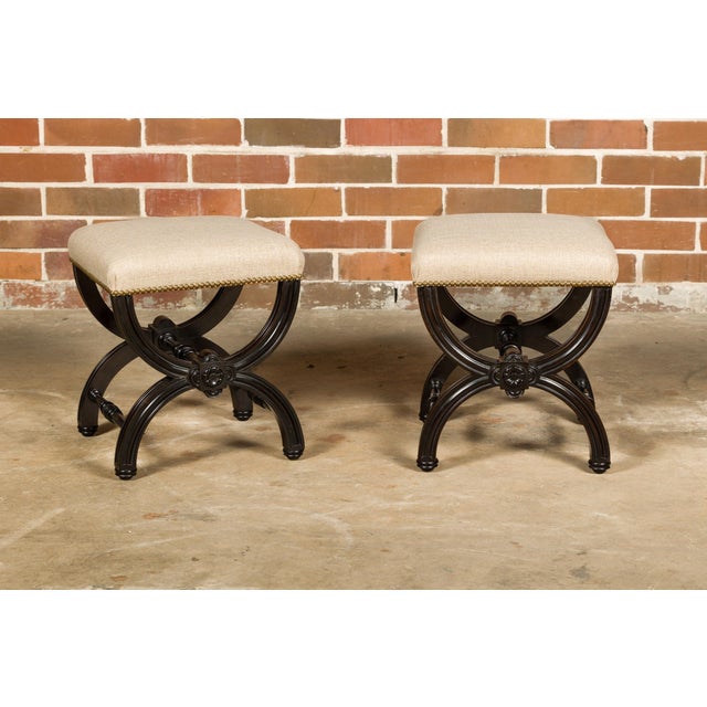 Early 20th Century Viennese 1900s Black Stools with X-Form Bases and Custom Upholstery, a Pair For Sale - Image 5 of 12