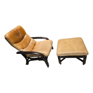 Set of Vintage Camel Leather Lounge Chair and Ottoman with Wooden Frames, 1970s For Sale