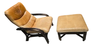 Set of Vintage Camel Leather Lounge Chair and Ottoman with Wooden Frames, 1970s