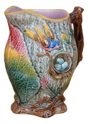 Antique Majolica Arsenal Shorter & Boulton Nesting Bird Robins Egg Pitcher