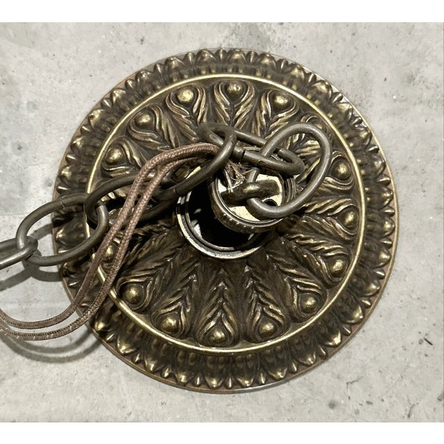 Victorian Antique Victorian Style Ornate Brass and Etched Glass Globe Wired Pendant Light For Sale - Image 3 of 8