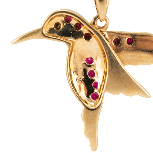 Metal Vintage 14k Yellow Gold Diamond Ruby Green Enamel Hummingbird Drop Pendant For Sale - Image 7 of 8