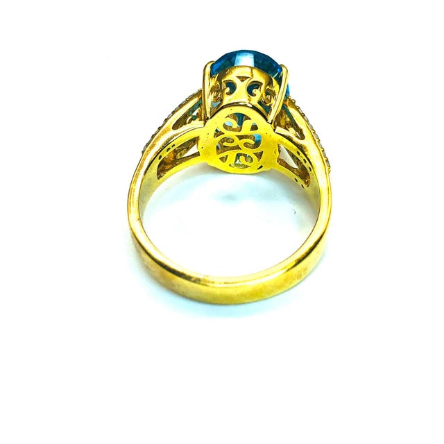 Bochic "Capri" Vintage Natural Blue Topaz & Natural Diamonds Vintage Retro Ring Set In 18K Gold & Silver Natural Oval...