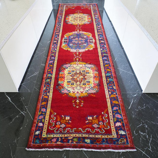 1950s Hand-Knotted Turkish Runner Rug Bold Colors Tribal Hallway Decor Lady Bug Pattern Unused - 3'4" X 13' For Sale - Image 4 of 17