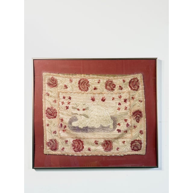 Antique Folk Art Cat Silk Embroidery in Frame For Sale - Image 13 of 13