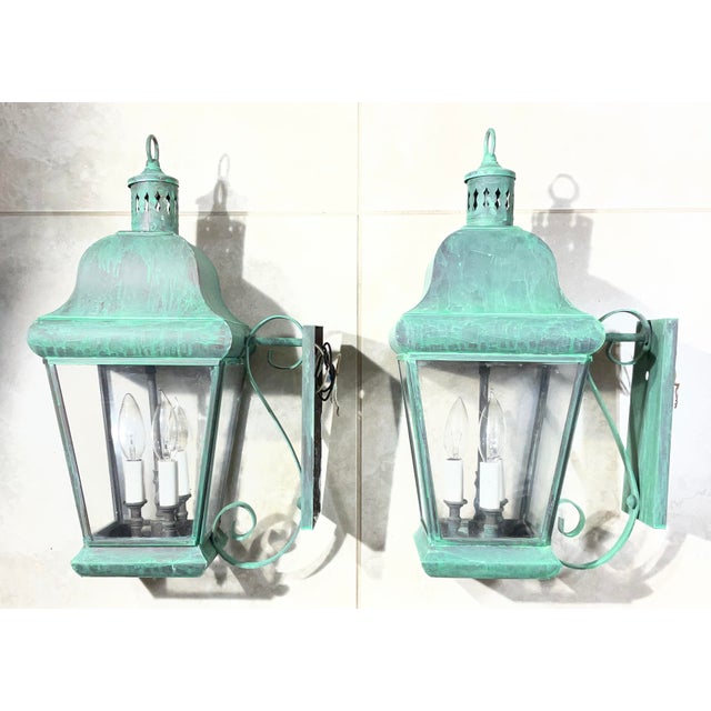 Pair of Vintage Colonial Solid Brass Wall Lanterns. 20”h X 8”.5w X 12”d For Sale - Image 13 of 18