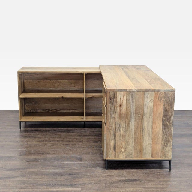 Modern West Elm L-Shaped Desk With Drawers and Open Shelves - Natural Wood Finish For Sale - Image 3 of 7
