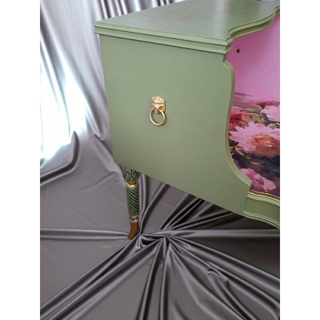 Whimsical Cottage Revival Artichoke Green & Peony Tiered Side Table For Sale - Image 6 of 12