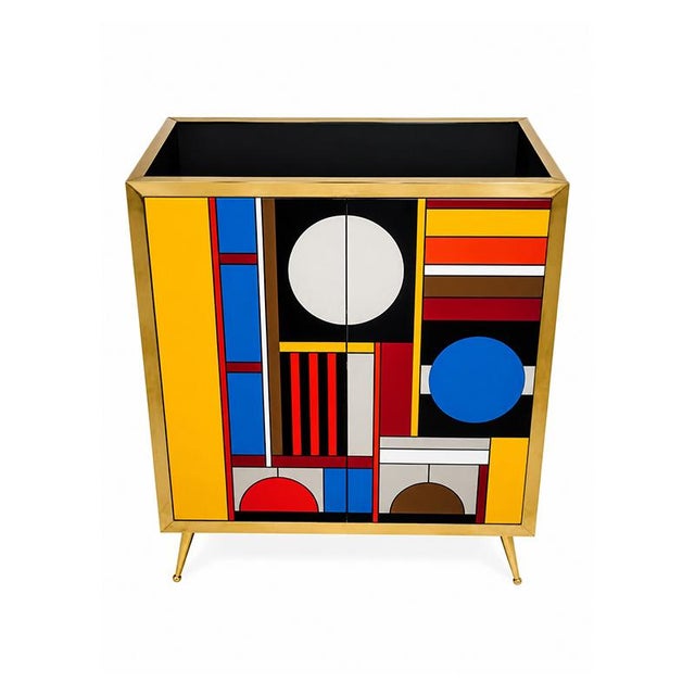 Two-door sideboard, entirely handmade, with a wooden frame covered in multicolored Murano glass; trim, handles, and feet...