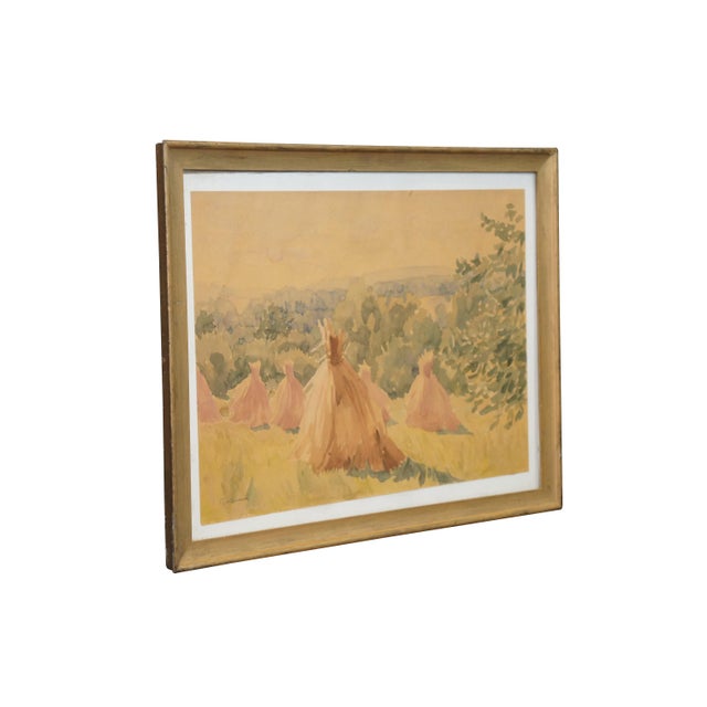 Vintage original watercolor painting, depicting a country field filled with haystacks and bordered with green trees....