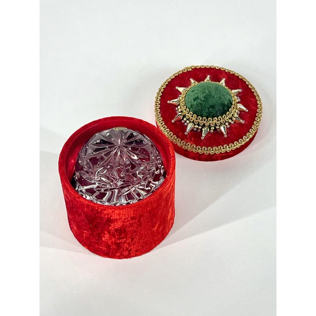 Pretty vintage cut crystal paperweight made in Western Germany, the beaded velvet box is a great objet itself. Paperweight...