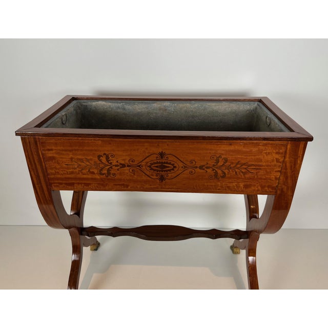 Early 19th Century Wooden planter with inlaid lovers, "X" base and bronze claw feet For Sale - Image 4 of 12