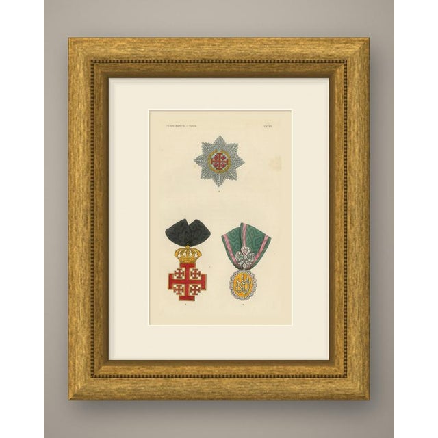 This is an original antique wood engraving, colored by hand, showing insignia of the holy land and of tunis. At the top is...