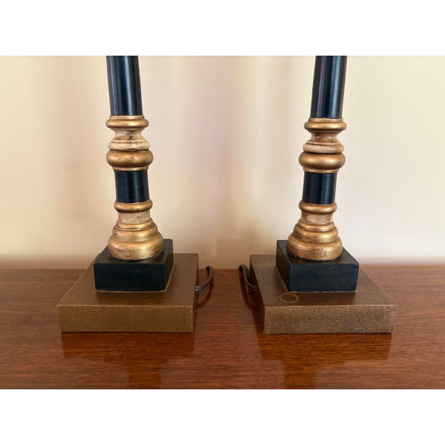 Black Late 20th Century Hollywood Regency Neoclassical Palm Tree Motif Buffet Lamps in Black and Gold - a Pair For Sale - Image 8 of 12