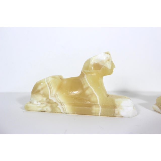 Mid 20th Century Pair of Vintage Carved Alabaster Sphinx Shelf or Coffee Table Styling Onyx Bookends For Sale - Image 5 of 9