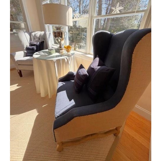 Wood A Pair of Custom Blue Wingback Chairs Blue Herringbone by Mitchell Gold & Bob Williams / Navy Blue Linen by Restoration Hardware For Sale - Image 7 of 18