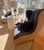 Wood A Pair of Custom Blue Wingback Chairs Blue Herringbone by Mitchell Gold & Bob Williams / Navy Blue Linen by Restoration Hardware For Sale - Image 7 of 18