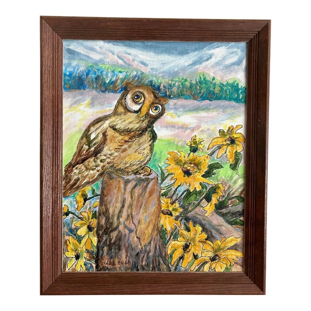 Vintage Impressionist Oil Painting of a Landscape With Owl For Sale