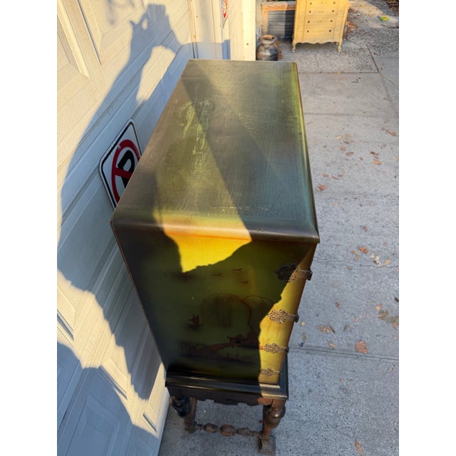 Wood Vintage Chinoiserie Green Lacquer Cabinet With Hand Painted Asian Scenes and Ornate Carved Base For Sale - Image 7 of 12