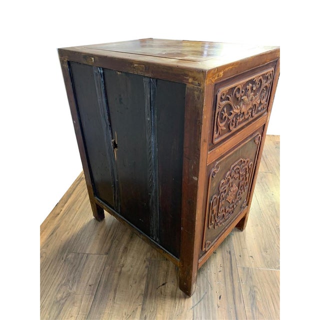 Antique Chinese Asian Ornately Carved Storage Cabinet Chinoiserie Side Table 1 For Sale - Image 4 of 7