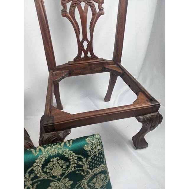 Pair of Antique Carved Wood Chippendale Style Side Chairs With Green Brocade Seats For Sale - Image 11 of 18