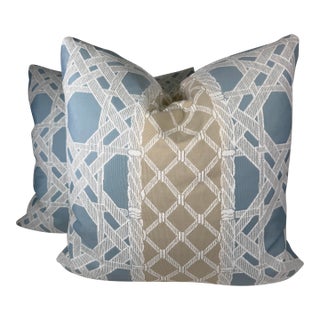 Thibaut "Trelliage Fabric" in Mineral/Sand 22" Pillows-a Pair For Sale