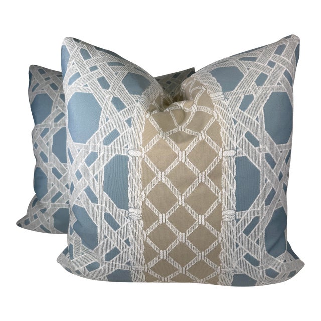 Thibaut "Trelliage Fabric" in Mineral/Sand 22" Pillows-a Pair For Sale