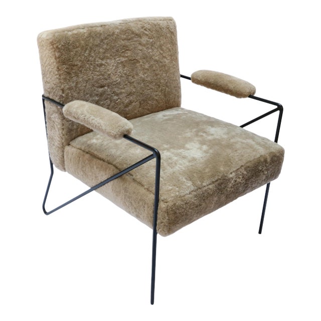Custom Black Metal Armchair in Tan Sheepskin For Sale