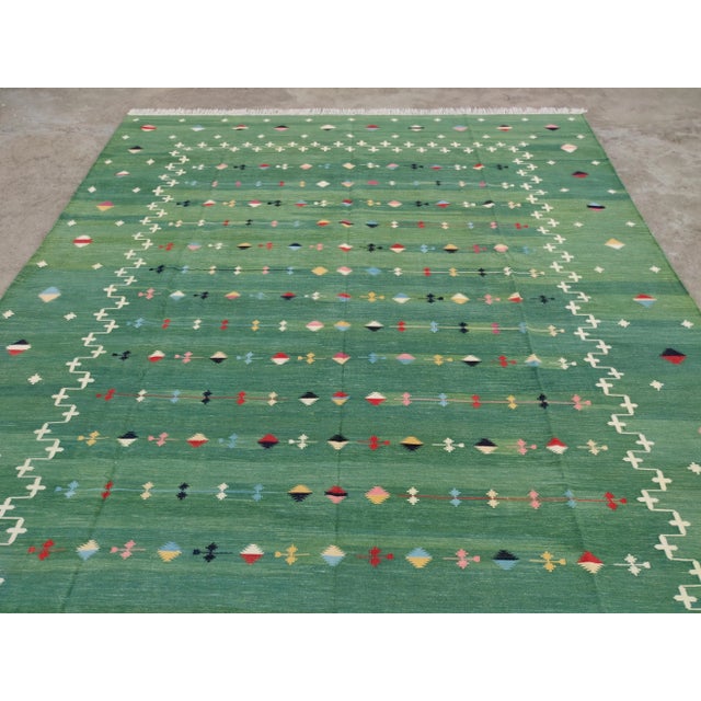 Textile Handmade Cotton Vegetable Dyed Green Shooting Star Rug - 10'x14' For Sale - Image 7 of 11