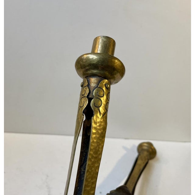 Tall Art Nouveau Leaves Tri-Stand Candleholders in Engraved Brass, 1900s, Set of 2 For Sale - Image 4 of 9