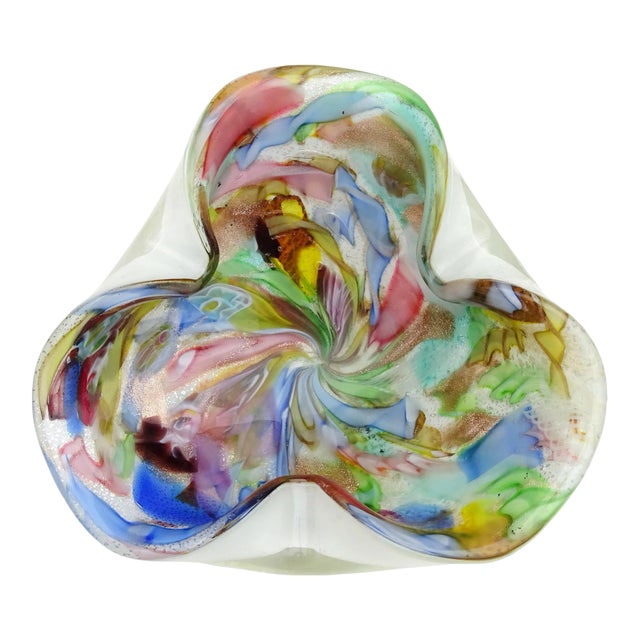 Murano AVeM White Millefiori Flower Silver Flecks Twisting Ribbons Vintage Italian Art Glass Bowl For Sale
