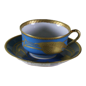 Vintage Haviland Collectors Tea Cup & Saucer with Gold Decoration on Blue Ground, Art Deco