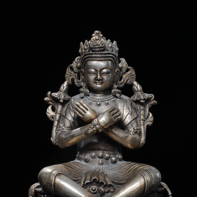 Late 20th Century Vintage Silver-Plated Bronze Vajradhara Statue Buddhist Deity Sculpture 9.8" For Sale - Image 5 of 9