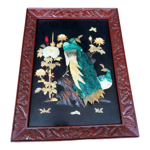 Vintage Chinese Carved Shell and Lacquer Peacock WallHang Artwork, Circa 1950’s