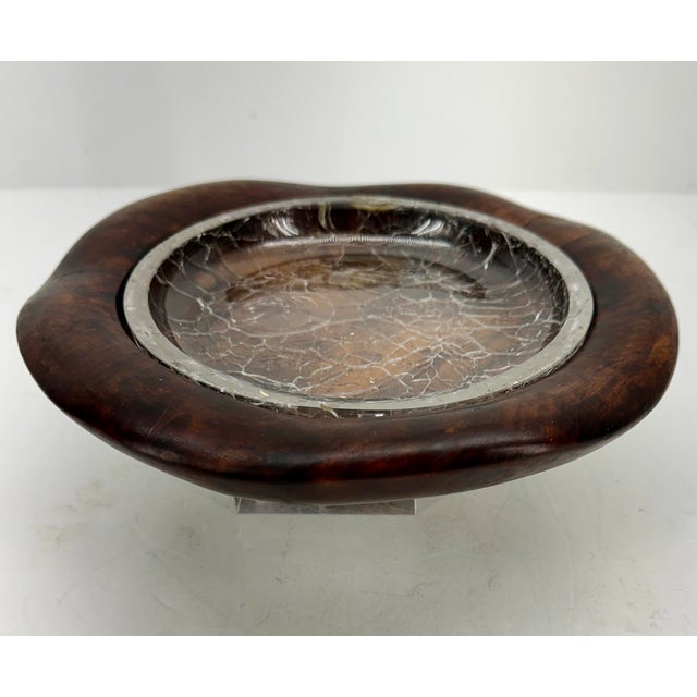 Spanish Vintage Spanish Cigar Ashtray in Wood and Crackle Glass For Sale - Image 3 of 12
