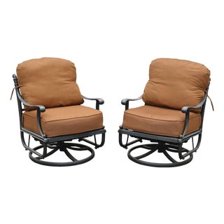 Cast Aluminum Pair Of Outdoor Swivel Lounge Chairs With Cushions For Sale