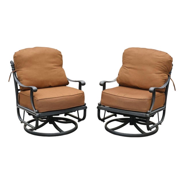 Cast Aluminum Pair Of Outdoor Swivel Lounge Chairs With Cushions For Sale