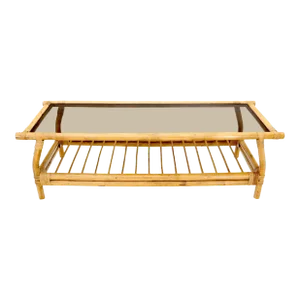Bamboo Rattan Rectangular Smoked Glass Top Coffee Table with Dowel Bottom Shelf