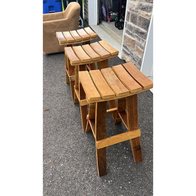 Rustic Handmade Wooden Wine Barrel Bar Stools (Set of 3) For Sale - Image 3 of 8