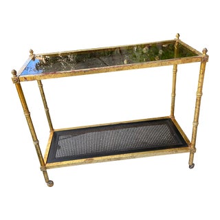 Late 20th Century Vintage Brass With Smoked Glass Sofa Two Tiered Table For Sale
