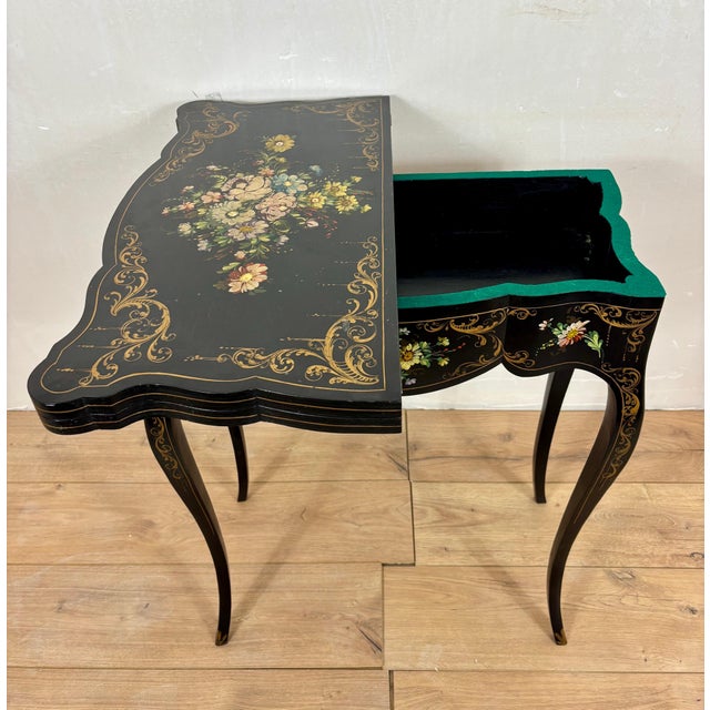 Chinese Black Lacquer Games Table with Hand-Painted Floral Decoration For Sale - Image 16 of 18