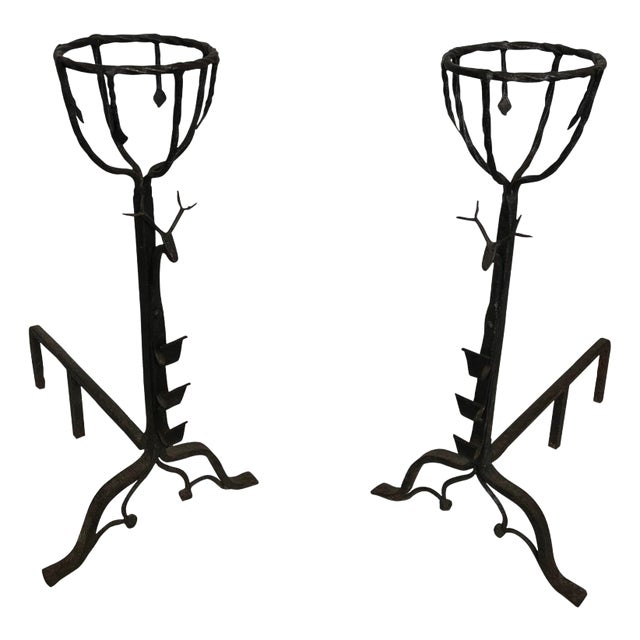 Pair of Wrought Iron Border Andirons With Deer Heads For Sale