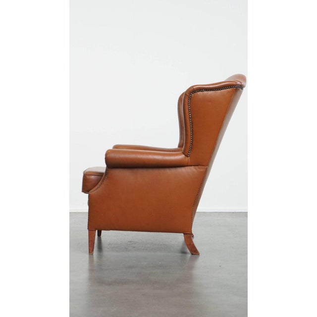 English Cognac-Colored Cowhide Wing Chair For Sale - Image 5 of 14