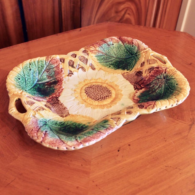 Victorian Sunflower and Begonia Leaf English Majolica Serving Dish For Sale - Image 3 of 12