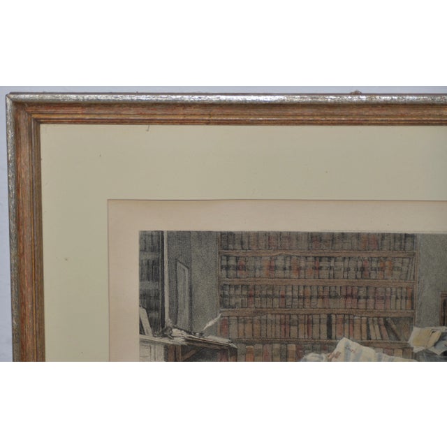 A Little Mortgage a 19th Century Color Engraving Two men in an office with bookcases full of files, a man in spectacles...