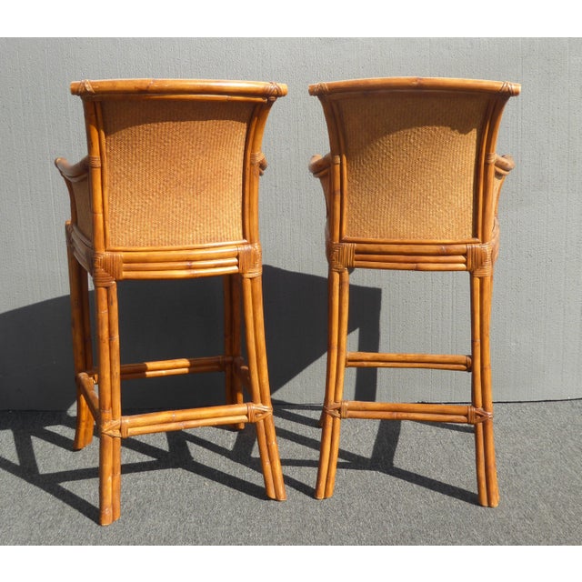 Pair Vintage Tiki Palm Beach Style Rattan & Brown Leather ...
